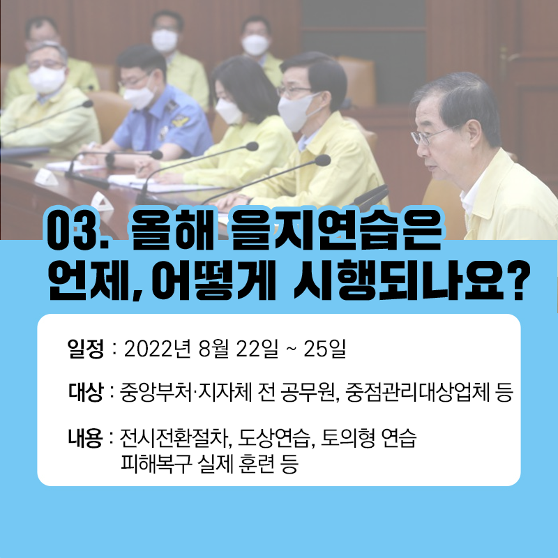 03. 올해 을지연습은 언제, 어떻게 시행되나요? 일정 : 2022년 8월 22일 ~ 25일 대상 : 중앙부처-지자체 전 공무원, 중점관리대상업체 등 내용 : 전시전환절차, 도상연습, 토의형 연습 피해복구 실제 훈련 등