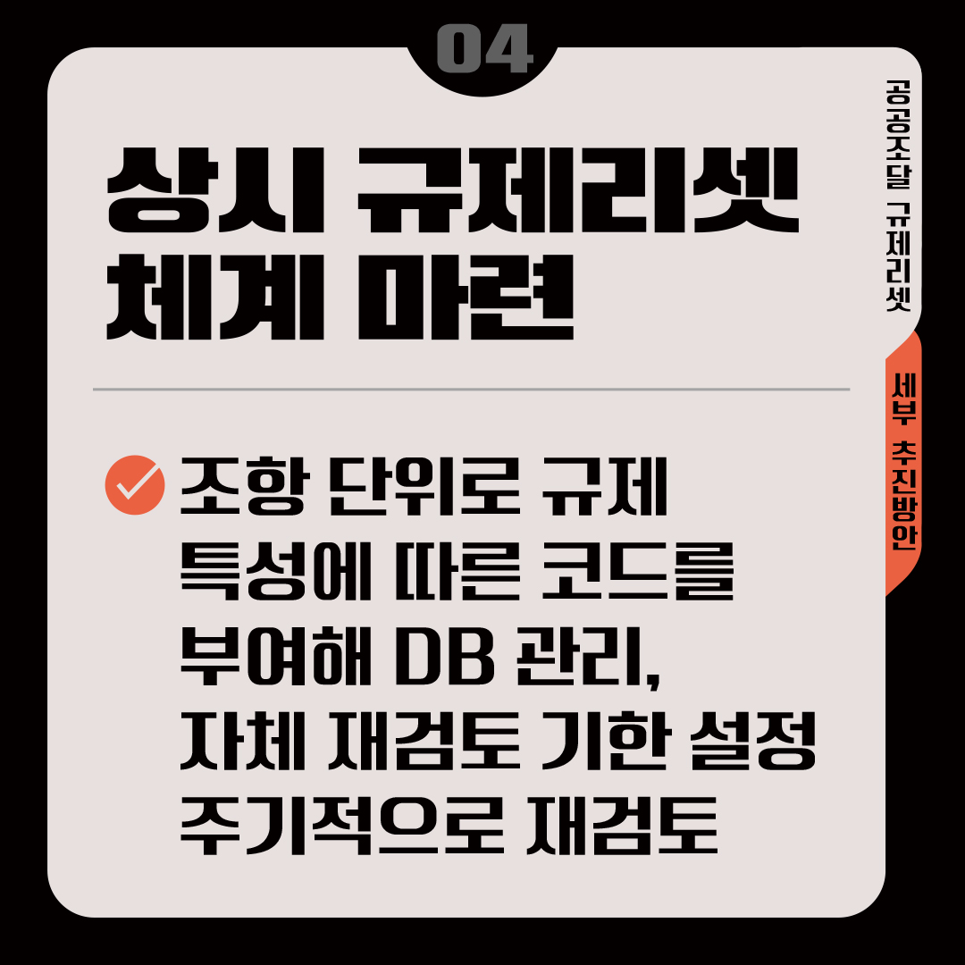 상시 규제리셋 체계 마련 &radic;조항 단위로 규제 특성에 따른 코드를 부여해 DB 관리, 자체 재검토 기한 설정 주기적으로 재검토 