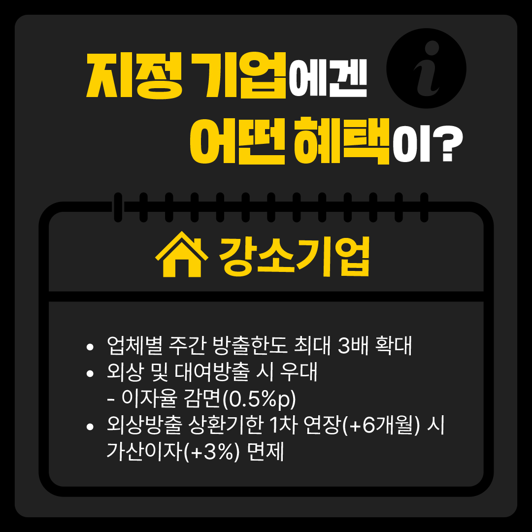 지정 기업에겐 어떤 혜택이? [강소기업] √ 업체별 주간 방출한도 최대 3배 확대 √ 외상 및 대여방출 시 우대 - 이자율 감면(0.5%p) √ 외상방출 상환기한 1차 연장(+6개월) 시 가산이자(+3%) 면제