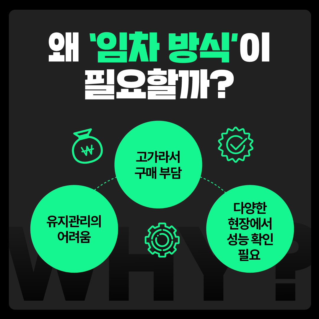 왜 ‘임차 방식’이 필요할까? √ 고가라서 구매 부담 √ 유지관리의 어려움 √ 다양한 현장에서 성능 확인 필요