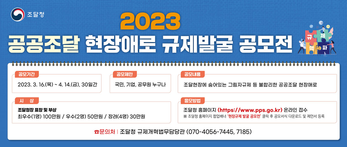 2023 공공조달 현장애로 규제발굴 공모전
공모기간 : 2023.3.16(목) ~ 4.14(금), 30일간
공모제안 : 국민, 기업, 공무원 누구나
공모내용 : 조달현장에 숨어있는 그림자규제 등 불합리한 공공조달 현장애로
시상: 조달청장 표창 및 부상 최우수(1명) 100만원 / 우수(2명) 50만원 / 장려(4명) 30만원
응모방법 : 조달청 홈페이지(https://www.pps.go.kr) 온라인접수. * 조달청 홈페이지 팝업배너 '현장규제 발굴 공모전' 클릭 후 공모서식 다운로드 및 제안서 등록
문의처) 조달청 규제개혁법무담당관 ( 070-4056-7445, 7185)
