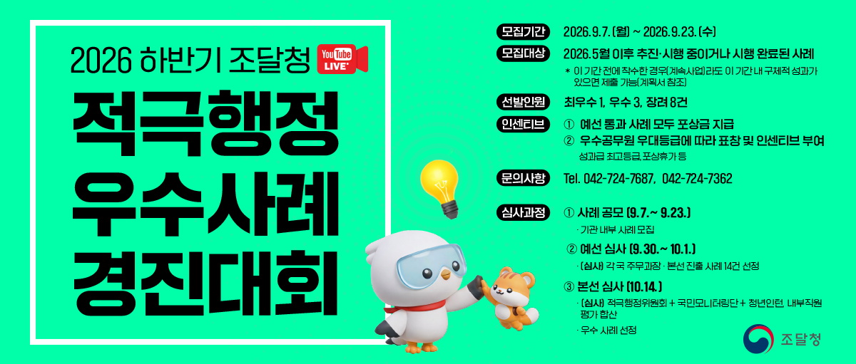 2026 하반기 조달청 적극행정 우수사례 경진대회. - 모집기간: 2026.9.7.(월)~2026.9.23.(수) - 모집대상: 2026.5월 이후 추진ㆍ시행 중이거나 시행 완료된 사례. * 이 기간 전에 착수한 경우(계속 사업)라도 이 기간 내 구체적 성과가 있으면 제출 가능(계획서 참조) - 선발인원: 최우수 1, 우수 3, 장려 8건 - 인센티브: ① 예선 통과 사례 모두 포상금 지급 ② 우수공무원 우대등급에 따라 표창 및 인센티브 부여. 성과급 최고등급, 포상휴가 등 - 문의사항: Tel. 042-724-7687, 042-724-7362 - 심사과정: ① 사례 공모(9.7.~9.23.) -기관 내부 사례 모집 ② 예선 심사(9.30.~10.1.) -(심사) 각 국 주무과장ㆍ본선 진출 사례 14건 선정 ③ 본선 심사(10.14.) -(심사) 적극행정위원회+국민모니터링단+청년인턴, 내부직원 평가 합산 -우수 사례 선정. 조달청
